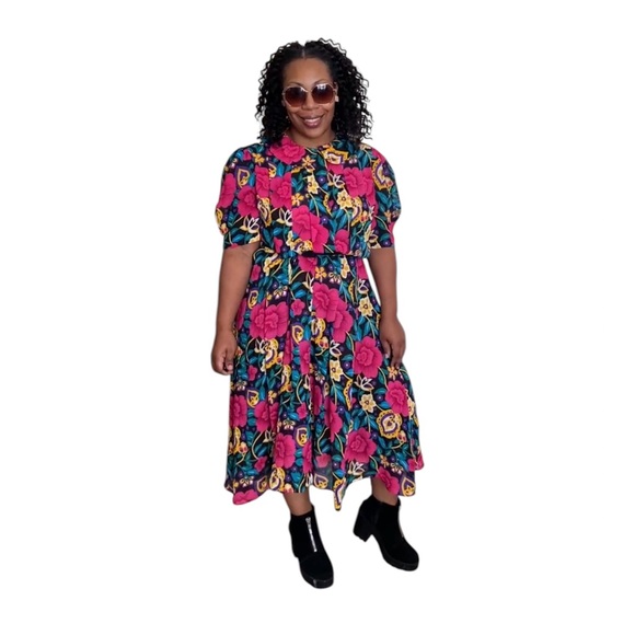 Vintage Dresses & Skirts - Ms CHAUS Dress Vintage Secretary Midi Floral Print Short Sleeve Pleated